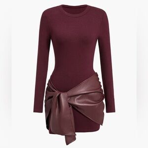 Micas. Burgundy Faux Leather Patchwork Tie Front Round Neck Ruched Mini Dress.